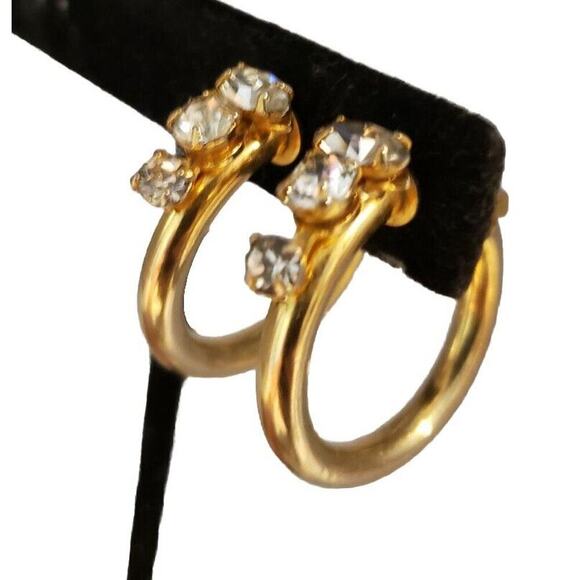 Vintage Antique Gold Hoop Earrings Rhinestones Non Pierced Push Back Clip - Picture 3 of 16